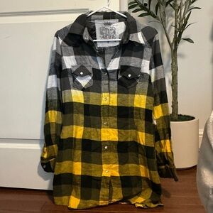 Black and Yellow Plaid Pearl Snap Button Down Shirt
